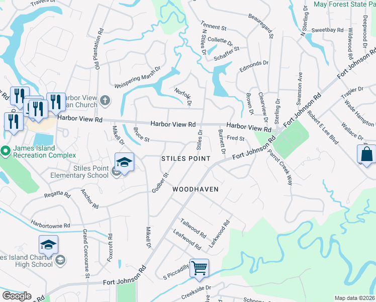 map of restaurants, bars, coffee shops, grocery stores, and more near 830 Godber Street in Charleston
