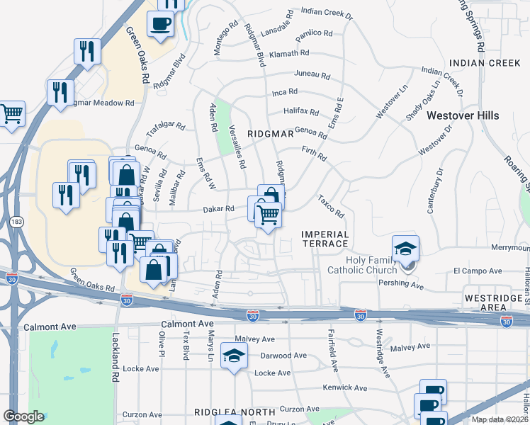 map of restaurants, bars, coffee shops, grocery stores, and more near 6400 Dakar Road in Fort Worth