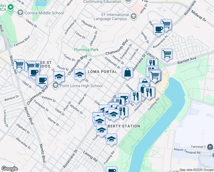 map of restaurants, bars, coffee shops, grocery stores, and more near 3120 Curtis Street in San Diego