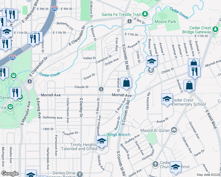 map of restaurants, bars, coffee shops, grocery stores, and more near 1427 Claude Street in Dallas