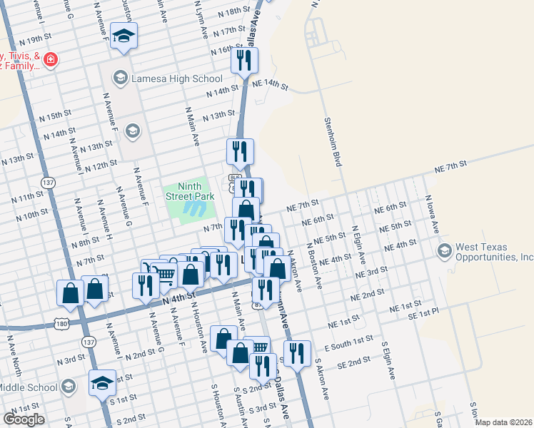 map of restaurants, bars, coffee shops, grocery stores, and more near 905 North Lynn Avenue in Lamesa