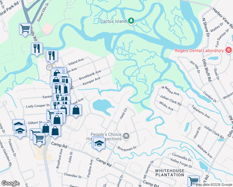 map of restaurants, bars, coffee shops, grocery stores, and more near 5 Oyster Corner in Charleston