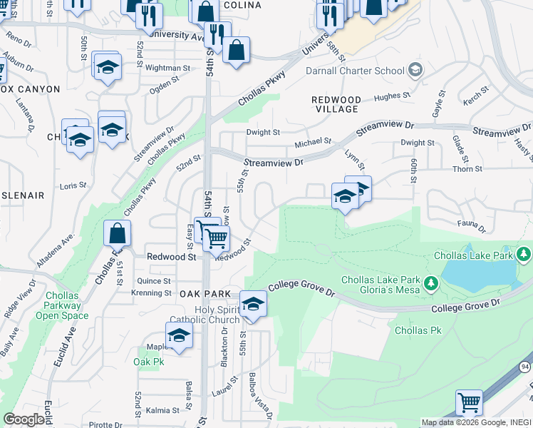 map of restaurants, bars, coffee shops, grocery stores, and more near Redwood Street in San Diego