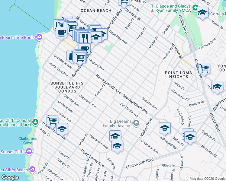 map of restaurants, bars, coffee shops, grocery stores, and more near 4527 Narragansett Avenue in San Diego