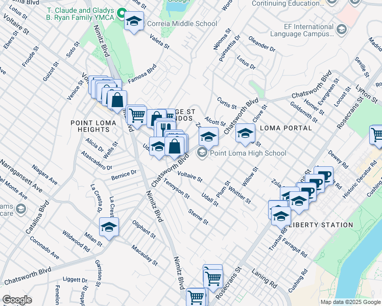 map of restaurants, bars, coffee shops, grocery stores, and more near 2335 Chatsworth Boulevard in San Diego
