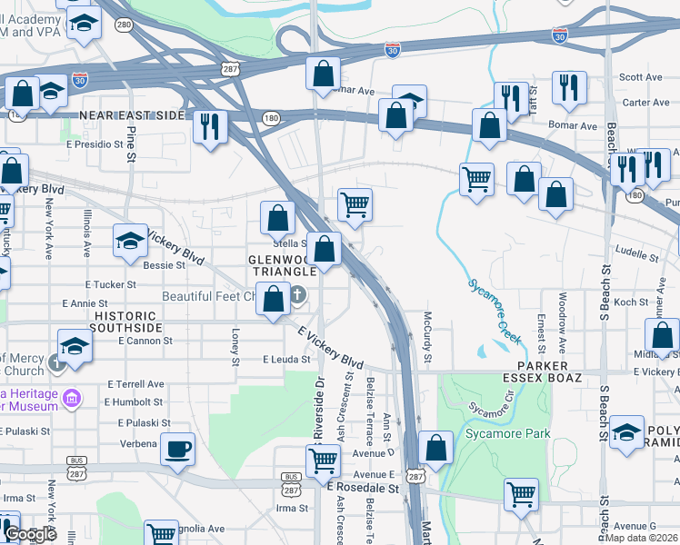 map of restaurants, bars, coffee shops, grocery stores, and more near 330 Martin Luther King Junior Freeway in Fort Worth