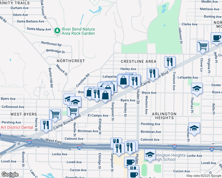 map of restaurants, bars, coffee shops, grocery stores, and more near 2008 Sanguinet Street in Fort Worth