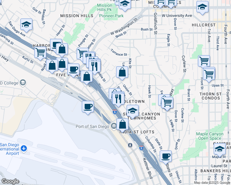map of restaurants, bars, coffee shops, grocery stores, and more near 3521 Columbia Street in San Diego