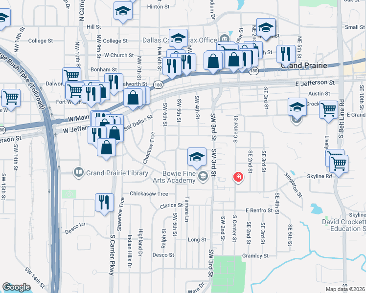 map of restaurants, bars, coffee shops, grocery stores, and more near 421 Motley Street in Grand Prairie