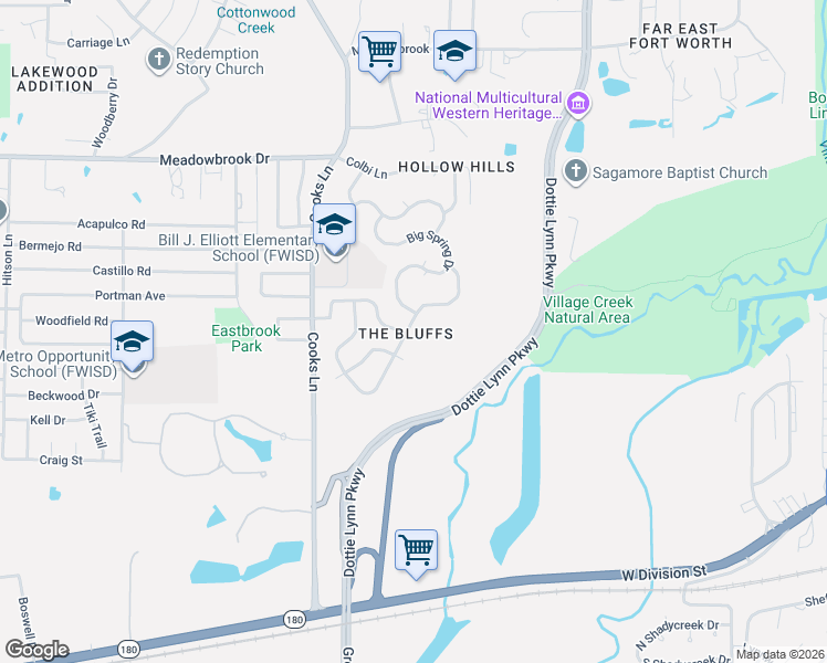 map of restaurants, bars, coffee shops, grocery stores, and more near 2724 Big Spring Drive in Fort Worth