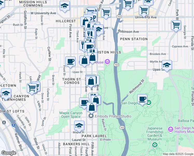 map of restaurants, bars, coffee shops, grocery stores, and more near 3300 6th Avenue in San Diego