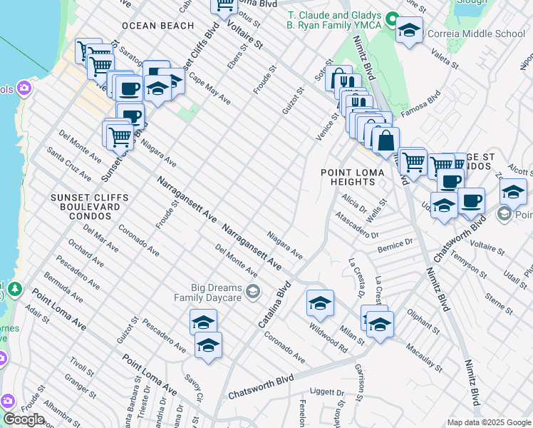 map of restaurants, bars, coffee shops, grocery stores, and more near 4377 Newport Avenue in San Diego