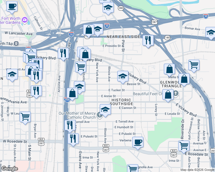 map of restaurants, bars, coffee shops, grocery stores, and more near 1032 Bessie Street in Fort Worth