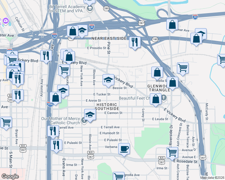 map of restaurants, bars, coffee shops, grocery stores, and more near 1225 Bessie Street in Fort Worth