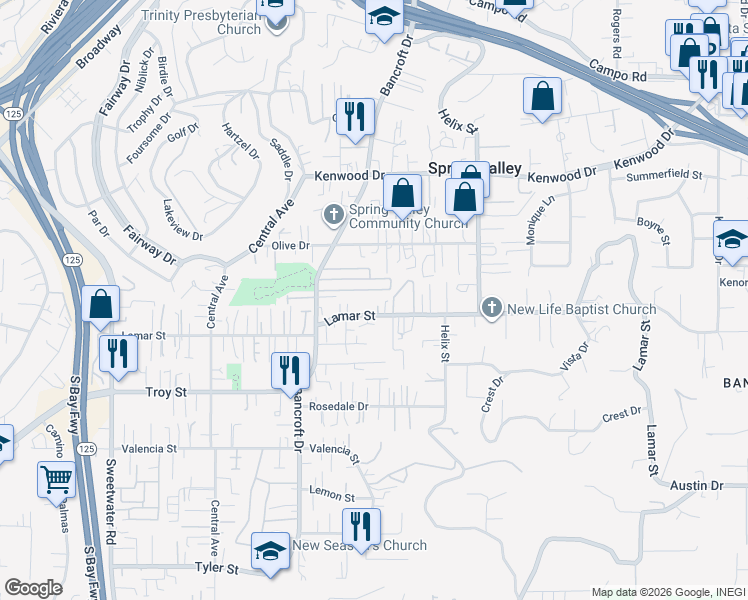 map of restaurants, bars, coffee shops, grocery stores, and more near 9104 Lamar Street in Spring Valley