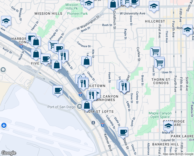 map of restaurants, bars, coffee shops, grocery stores, and more near 1220 West Thorn Street in San Diego
