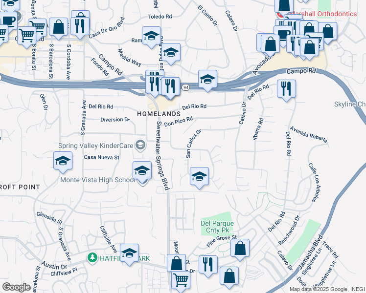 map of restaurants, bars, coffee shops, grocery stores, and more near 10328 San Carlos Drive in Spring Valley
