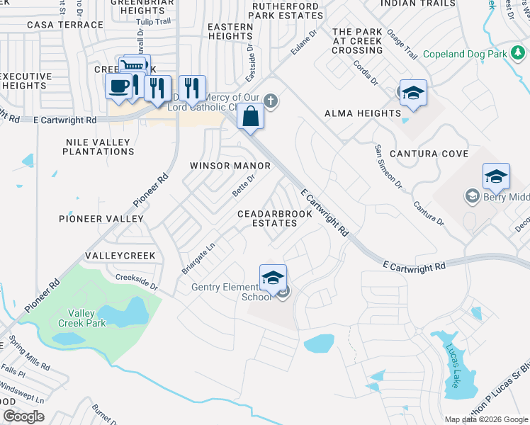 map of restaurants, bars, coffee shops, grocery stores, and more near 1718 Cedarbrook Drive in Mesquite