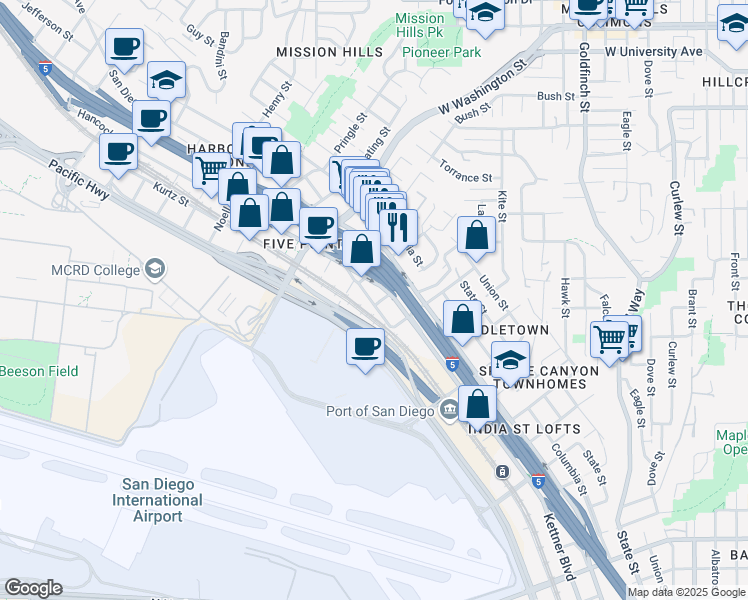 map of restaurants, bars, coffee shops, grocery stores, and more near 3601 California Street in San Diego