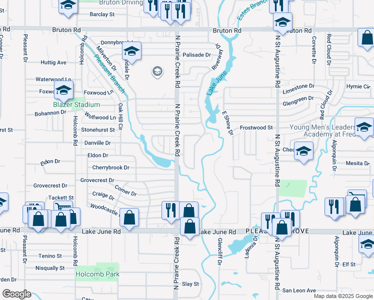 map of restaurants, bars, coffee shops, grocery stores, and more near 1632 Riverway Bend Circle in Dallas