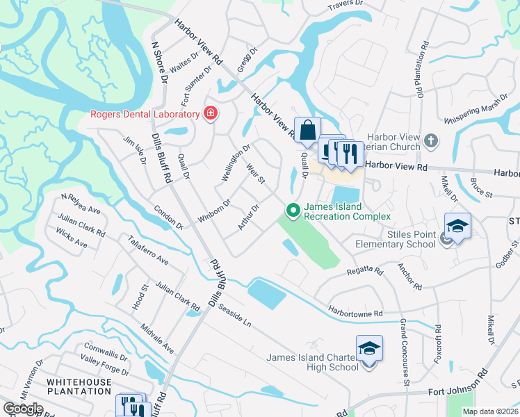 map of restaurants, bars, coffee shops, grocery stores, and more near 1123 Arthur Drive in Charleston