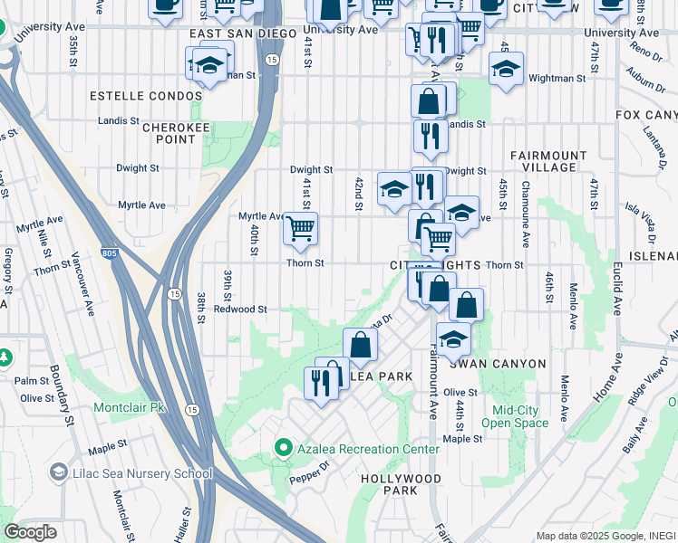 map of restaurants, bars, coffee shops, grocery stores, and more near 4186 Thorn Street in San Diego
