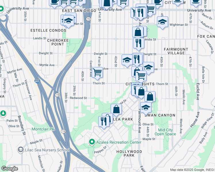 map of restaurants, bars, coffee shops, grocery stores, and more near 4124 Thorn Street in San Diego