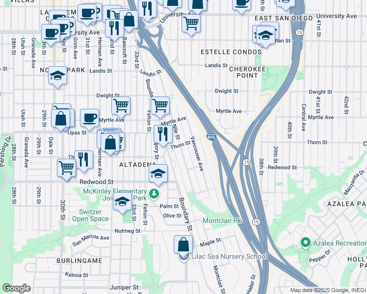 map of restaurants, bars, coffee shops, grocery stores, and more near 3476 Thorn Street in San Diego