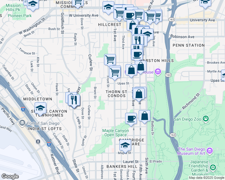 map of restaurants, bars, coffee shops, grocery stores, and more near 3350 Front Street in San Diego