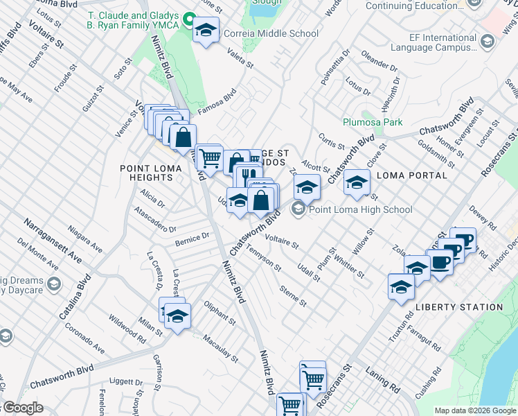 map of restaurants, bars, coffee shops, grocery stores, and more near 2235 Poinsettia Drive in San Diego