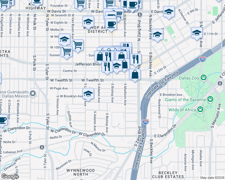 map of restaurants, bars, coffee shops, grocery stores, and more near 335 West Page Avenue in Dallas