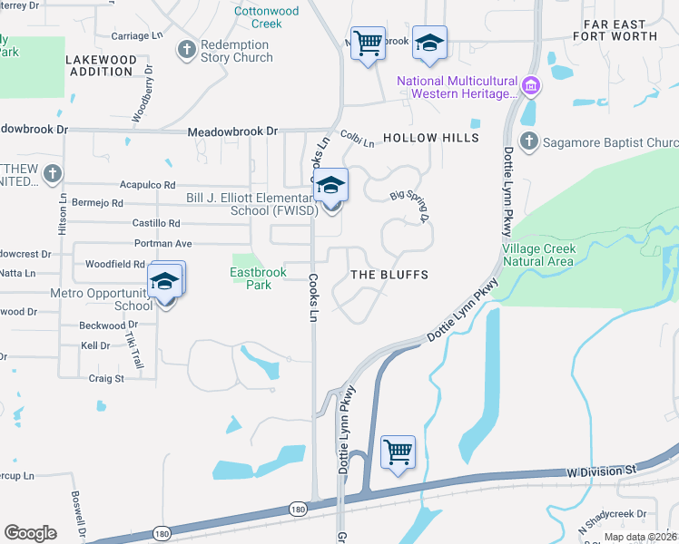 map of restaurants, bars, coffee shops, grocery stores, and more near 8021 Plateau Drive in Fort Worth