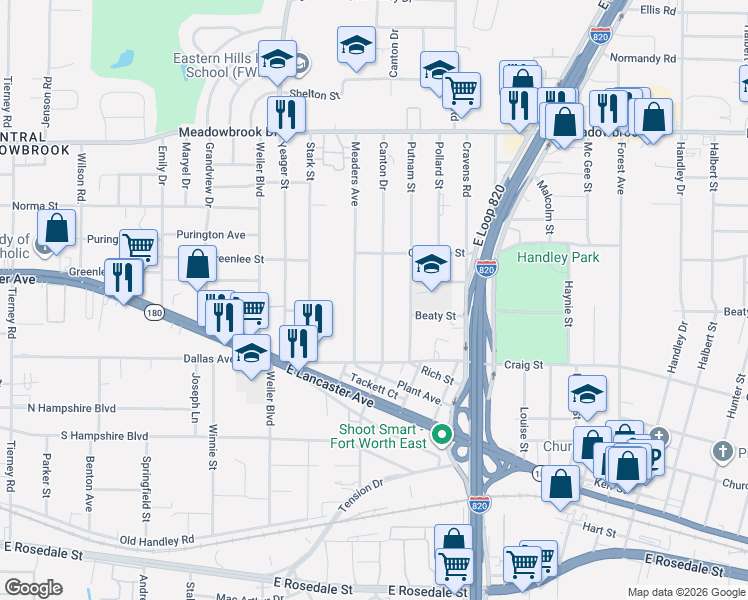 map of restaurants, bars, coffee shops, grocery stores, and more near 2729 Meaders Avenue in Fort Worth