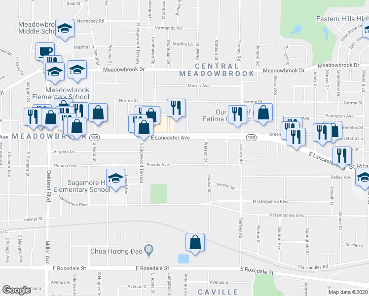 map of restaurants, bars, coffee shops, grocery stores, and more near 4904 East Lancaster Avenue in Fort Worth