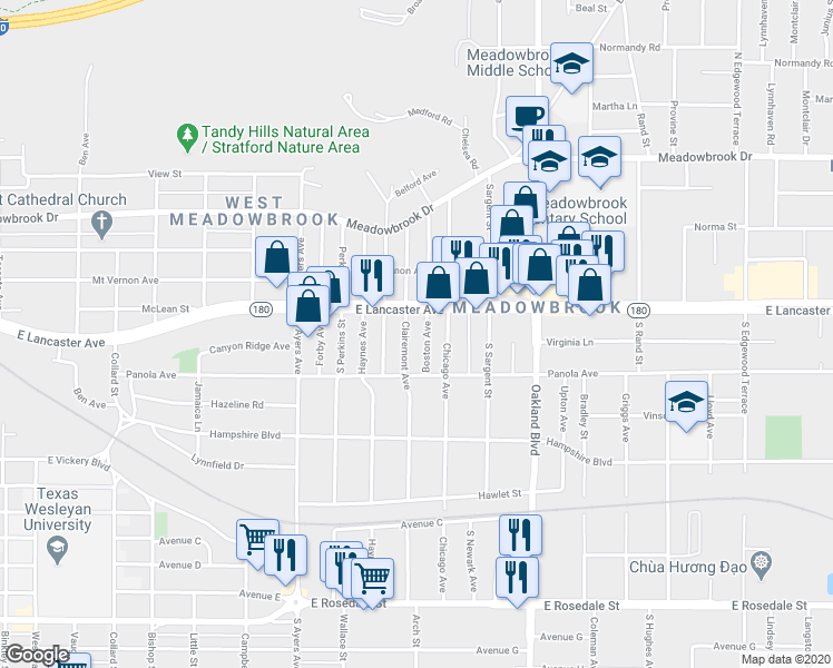 map of restaurants, bars, coffee shops, grocery stores, and more near 4000 Texas 180 in Fort Worth