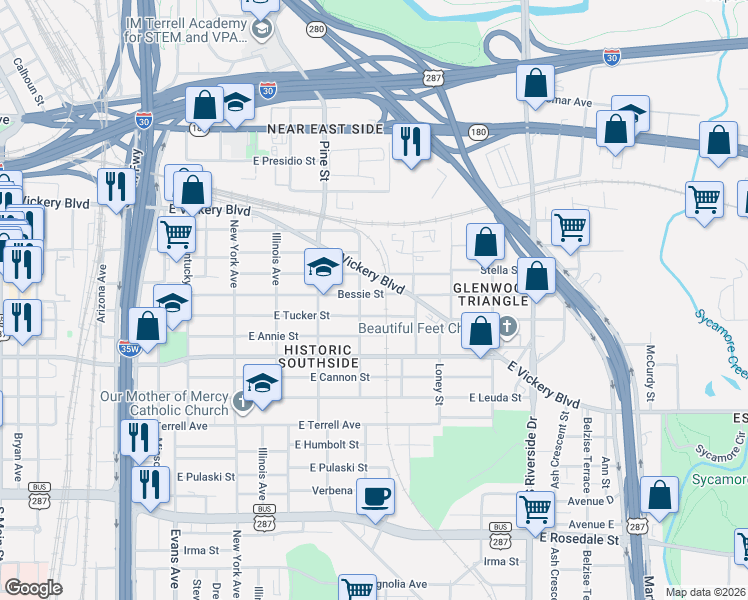 map of restaurants, bars, coffee shops, grocery stores, and more near 1400 Stella Street in Fort Worth
