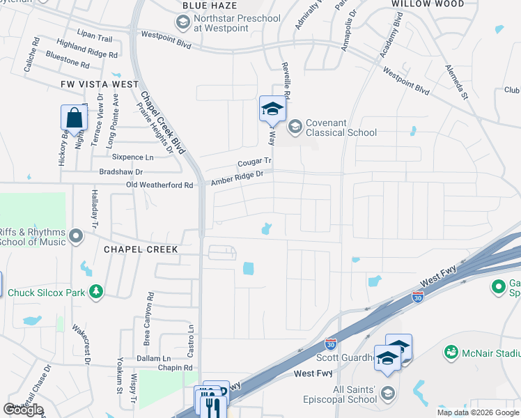 map of restaurants, bars, coffee shops, grocery stores, and more near 10017 Huntersville Trl in Fort Worth