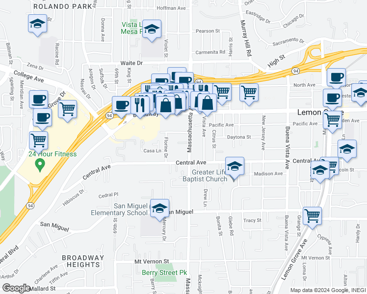 map of restaurants, bars, coffee shops, grocery stores, and more near 3180 Massachusetts Avenue in Lemon Grove