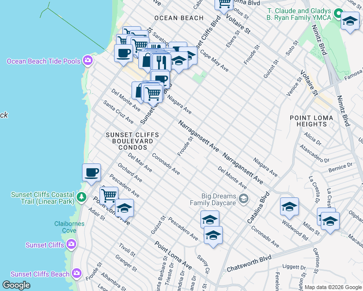 map of restaurants, bars, coffee shops, grocery stores, and more near 5059-2 Del Monte Avenue in San Diego