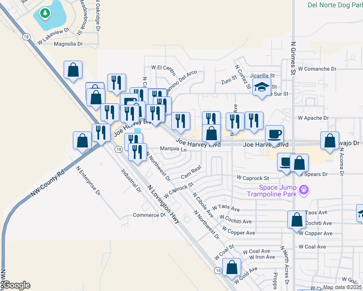 map of restaurants, bars, coffee shops, grocery stores, and more near 1500 Joe Harvey Boulevard in Hobbs
