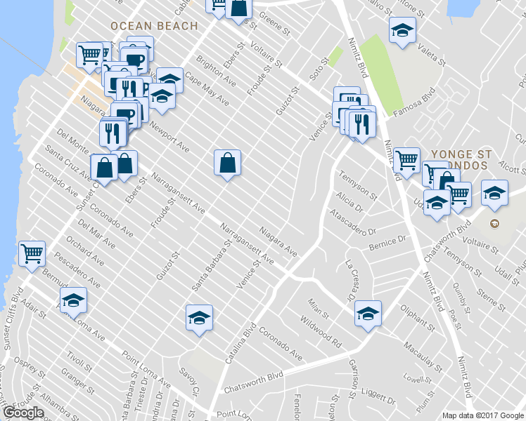 map of restaurants, bars, coffee shops, grocery stores, and more near 4377 Newport Avenue in San Diego