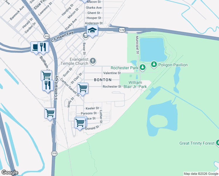 map of restaurants, bars, coffee shops, grocery stores, and more near in Dallas