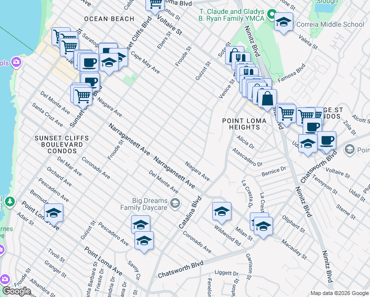 map of restaurants, bars, coffee shops, grocery stores, and more near 4377 Newport Avenue in San Diego