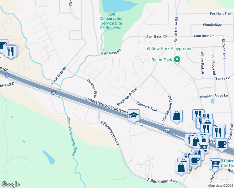 map of restaurants, bars, coffee shops, grocery stores, and more near 106 Pony Express Trail in Weatherford