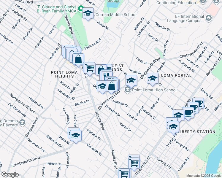 map of restaurants, bars, coffee shops, grocery stores, and more near 3680 Voltaire Street in San Diego