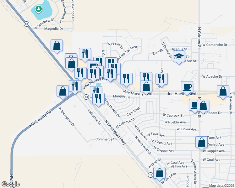 map of restaurants, bars, coffee shops, grocery stores, and more near 1609 Joe Harvey Boulevard in Hobbs