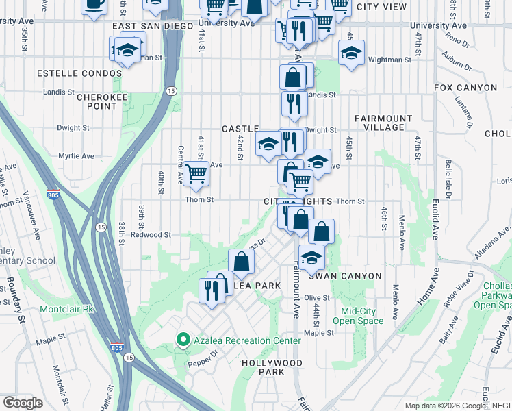 map of restaurants, bars, coffee shops, grocery stores, and more near 4255 Thorn Street in San Diego