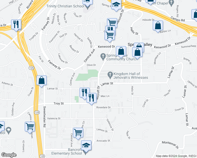 map of restaurants, bars, coffee shops, grocery stores, and more near 3170 Bancroft Drive in Spring Valley