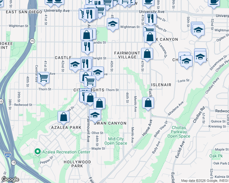 map of restaurants, bars, coffee shops, grocery stores, and more near 3303 45th Street in San Diego