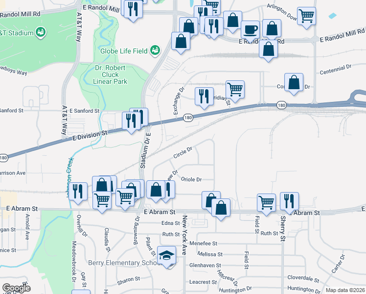 map of restaurants, bars, coffee shops, grocery stores, and more near 603 Circle Drive in Arlington